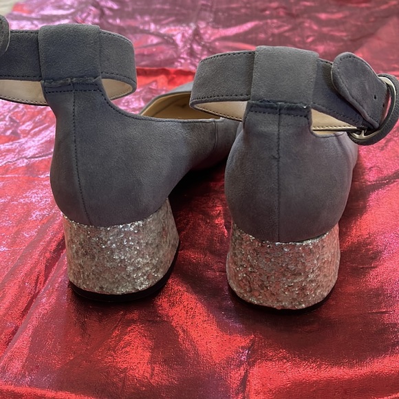 Nine West Grey Suede Ballerina Round Toe Ankle Strap Glitter Block Heels - Picture 5 of 9
